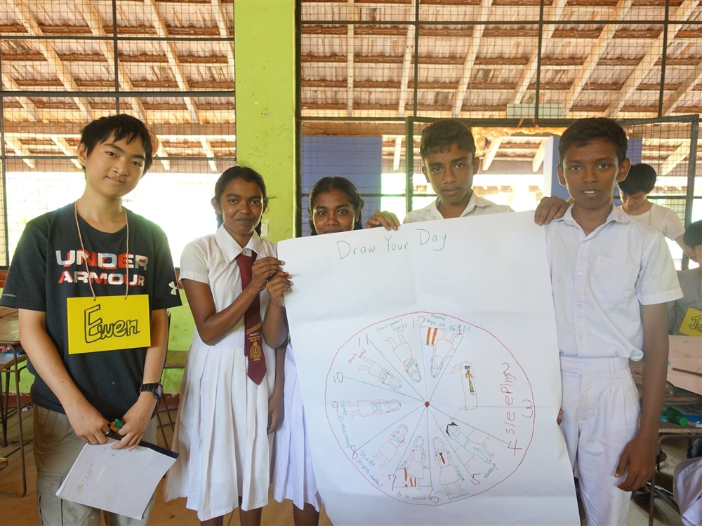 黃聖堯（左一）勤於參加課外活動，高二自發前往斯里蘭卡擔任志工，教學生描繪日常生活的海報。（照片提供／黃聖堯）